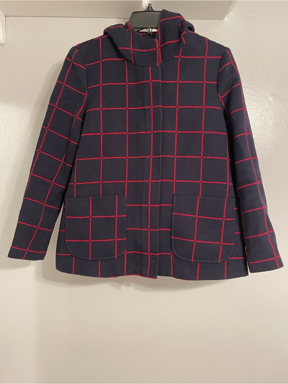 MNG by Mango Navy Blue Red Grid Check Hooded Jacket Lined Size Medium